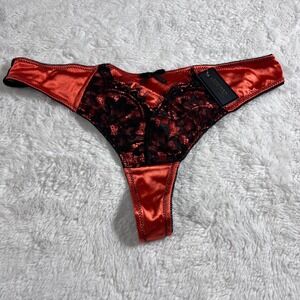 Fredericks of Hollywood Lux Orange Satin Black Lace Thong Panty X37-1164 1X NEW